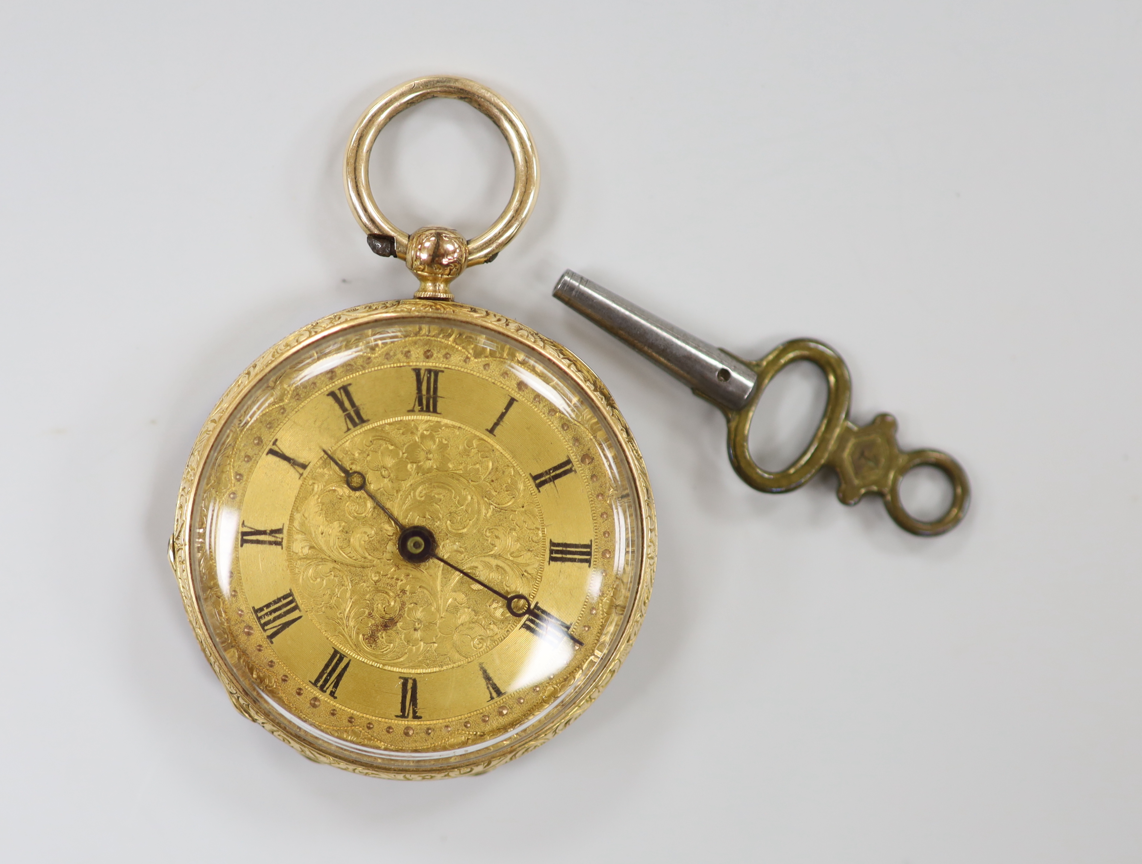 An early 20th century 18k and enamelled open face keywind fob watch, with Roman dial and decorated with landscape, case diameter 34mm, gross weight 29.6 grams.